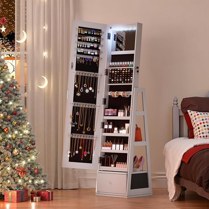 Jewelry Armoire with Drawer and LED Lights, White | Rotatable Jewelry Cabinet with Full Length Mirror, Lockable, 3 Rear Shelves, Jewelry Organizer with Storage for Women, Girl