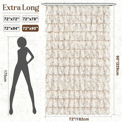 Yinhua Extra Long Farmhouse Ruffle Shower Curtain for Bathroom, 72" Wx90 L | Brown Floral Print, Ruflle Design, 12 Metal Hooks, Vintage Rustic Washable Waterproof Shower Curtain for Bathroom Bathtub