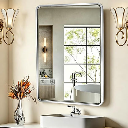 Movo Medicine Cabinet with Mirror, 20x28 Inch Farmhouse Metal Framed Rectangle Bathroom Mirror Cabinet, Recess or Surface Mount Installation Chrome