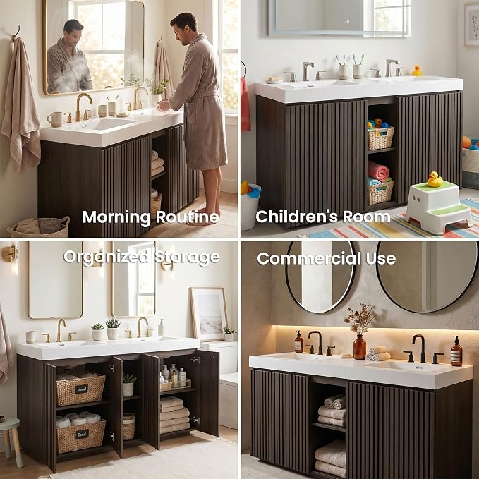 60" Double Bathroom Vanity with Sink (8" Widespread Faucet Holes Predrilled), Mid Century Modern Bathroom Cabinet with 4 Doors & Shelves, White Integrated Sink with Overflow, Dark Oak