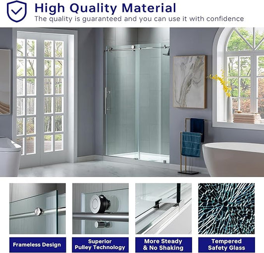 WOODBRIDGE Frameless Sliding Shower Door,44"-48" Width, 76" Height, 3/8" (10 mm) Clear Tempered Glass, Finish, Designed for Smooth Door Closing. Chrome