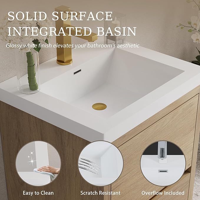 Abruzzo 24" Natural Oak Wall-Mounted Bathroom Vanity with Sink – Stone Resin Countertop & Soft-Close Drawers, Waterproof Wood Cabinet for Small Bathrooms