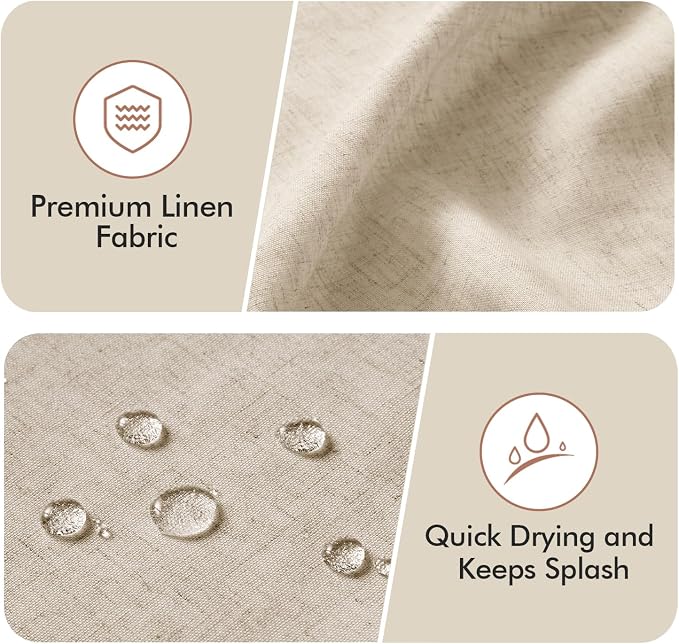 MIULEE 96" Long Beige Scalloped Linen Shower Curtain 72W x 96L | 12 metal hooks, Linen scalloped, waterproof washable, thick heavy cloth, black border, boho farmhouse, bathroom hotel use
