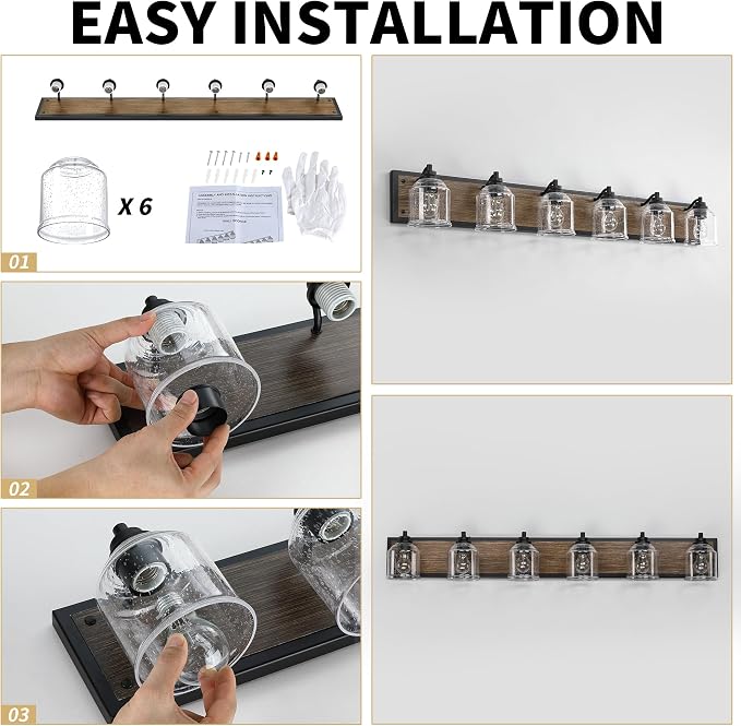 6-Light Vanity Lights for Bathroom Large 48" with Bubble Glass Shade | Farmhouse Rustic style, Hand-Painted Brown Wood-Grain Metal Backplate, E26 Ceramic Socket, UL&ETL, Mount up/down, over mirror