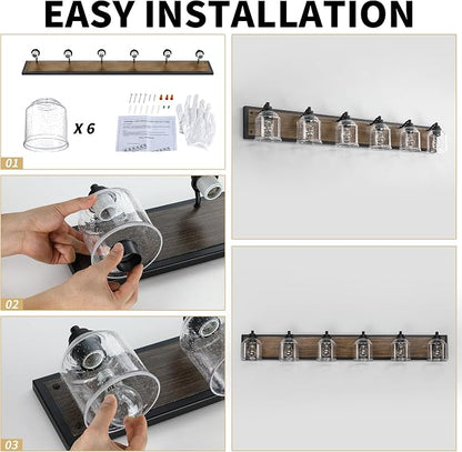 6-Light Vanity Lights for Bathroom Large 48" with Bubble Glass Shade | Farmhouse Rustic style, Hand-Painted Brown Wood-Grain Metal Backplate, E26 Ceramic Socket, UL&ETL, Mount up/down, over mirror