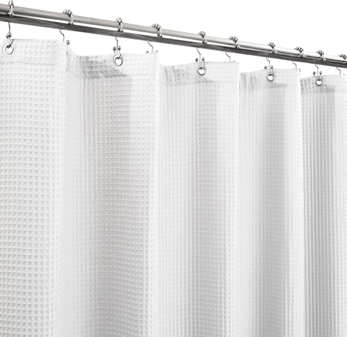Barossa Design Fabric Shower Curtain Cotton Blend 75 inch Long, Honeycomb Waffle Weave, Hotel Luxury, Heavy Weight, Spa, Washable, White, 72x75