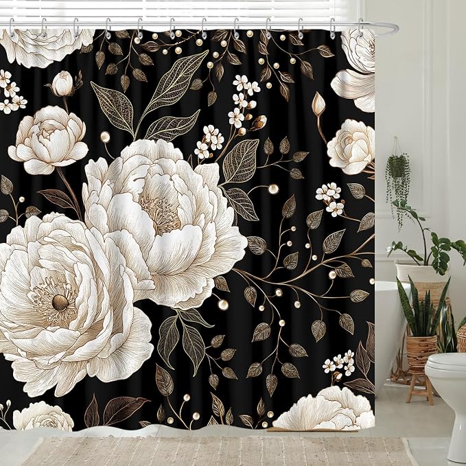 Black and Gold Shower Curtain, Dark Roses Leaves Botanical Aesthetic Boho Floral Shower Curtain for Bathroom with Hook, Vintage Rose Gold Flowers Fabric Unique Chic Shower Curtain Set with Hooks 72X84