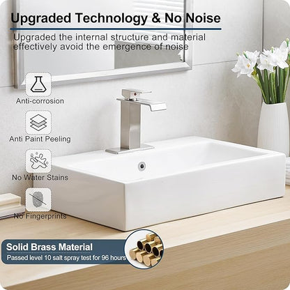 Brass Brushed Nickel Waterfall Faucet, Single Handle Bathroom Faucet, 4 Inch - 1 or 3 Hole with Deck Plate & Pop-Up Drain
