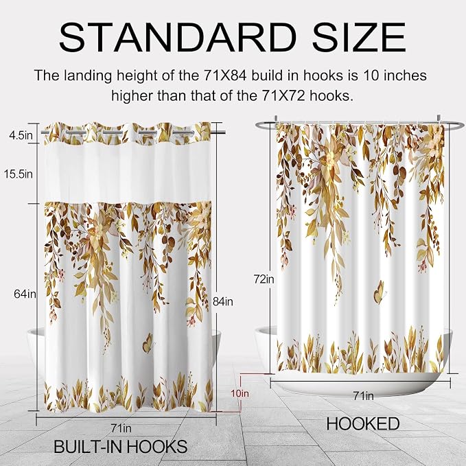 No Hook Shower Curtain and Liner Set, Yellow Eucalyptus 71x84 | Floral Design, with Snap in Liner, Waterproof, Machine Washable, Quick-Drying, for Hotel Bathroom