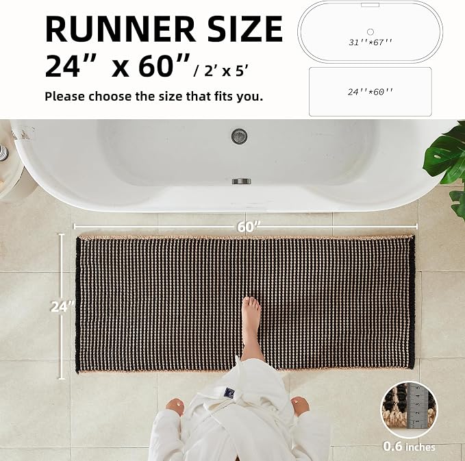 TYUU Waffle Runner Rug Bathroom, Long Boho Bath Mat, 60x24 Khaki & Black | Super Absorbent Quick Dry Bath Rug, Non-Slip Backing, Soft Waffle Washable Farmhouse Bathroom Mats, Tub, Shower & Home Decor