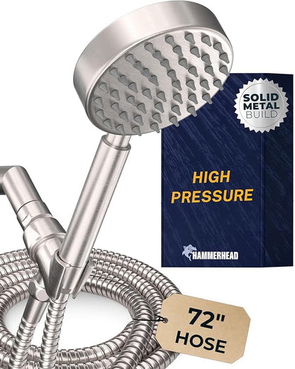 HammerHead Showers® Solid Metal Handheld Shower Head with Hose and Brass Holder - BRUSHED NICKEL - 2.5 GPM High Pressure Shower Heads with Adjustable Shower Wand Bracket - 6ft Flexible Extension