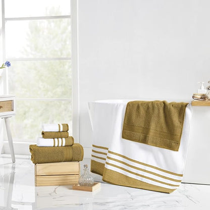 Modern Threads 6-Piece Towel Set – 100% Cotton, Quick Dry, Ultra Absorbent – Includes 2 Bath, 2 Hand, 2 Washcloths (White/Reinhart Amber)