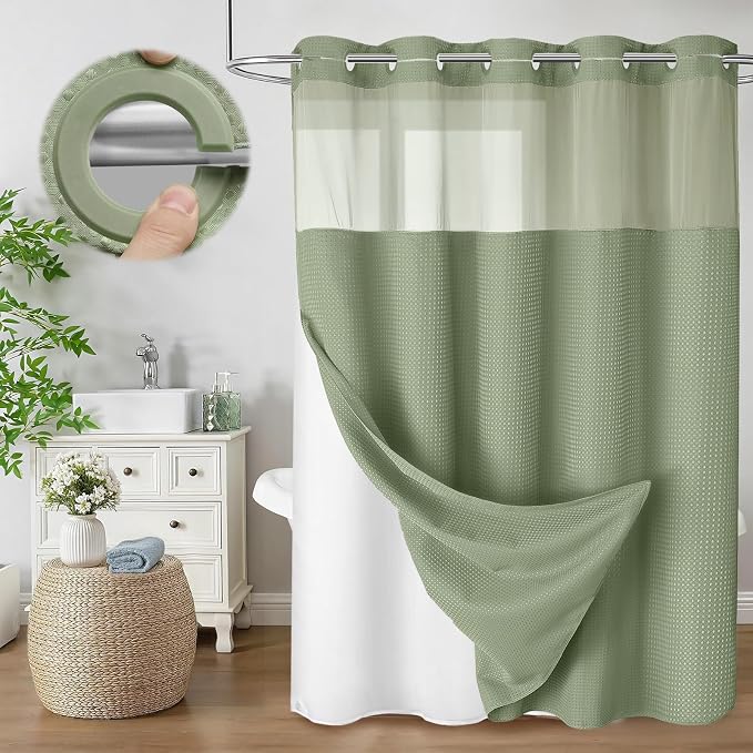No Hook Shower Curtain and Liner Set,Sage Green Hotel Waffle Shower Curtain with Liner 75" L x 72" W
