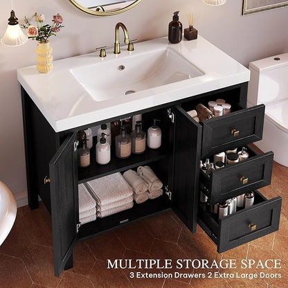 DWVO 42 Inch Bathroom Vanity with Sink Combo, Modern Bathroom Storage Cabinet with Resin Basin, Three Holes, 2 Doors & 3 Drawers, Black