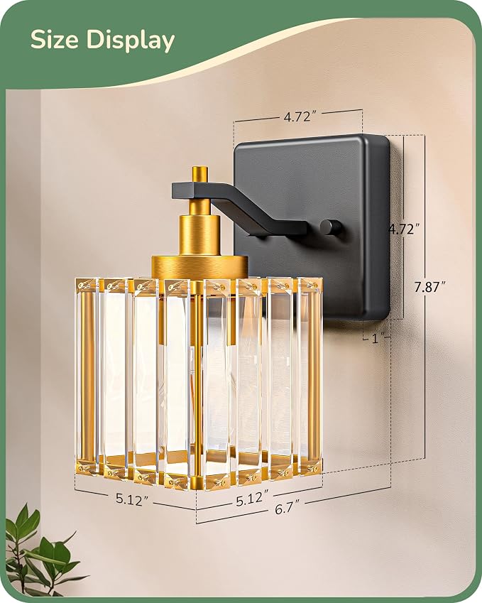 EDISHINE Black Gold Bathroom Vanity Light Fixtures with Crystal Shade, E26 | Set of Two, 1-Light, Up Down Mounting, Wall Sconces for Bathroom, Powder Room, Dressing Areas