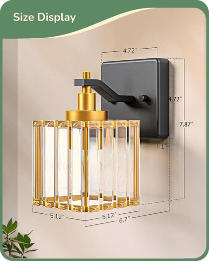 EDISHINE Black Gold Bathroom Vanity Light Fixtures with Crystal Shade, E26 | Set of Two, 1-Light, Up Down Mounting, Wall Sconces for Bathroom, Powder Room, Dressing Areas