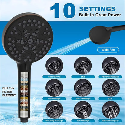 Metal 10" Rain Showerhead with 10-Spray Filter Handheld, 4-way Diverter | Oil Rubbed Bronze Finish, Upgraded High Pressure Shower Head with Pause Mode, 71" Stainless Steel Hose/12" Extension Arm