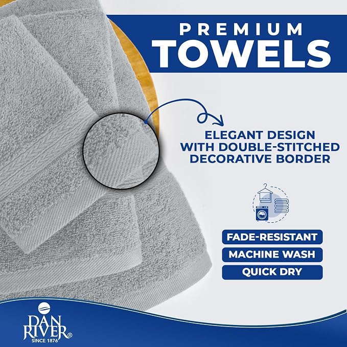 DAN RIVER 8 Piece Luxury Bath Towels for Bathroom, Towel Set, Silver | 2 Bath towels, 2 Hand towels, and 4 Wash Cloths, 600 GSM 100% Ring Spun Cotton, Highly Absorbent, Gym, Hotel, guest, and Spa