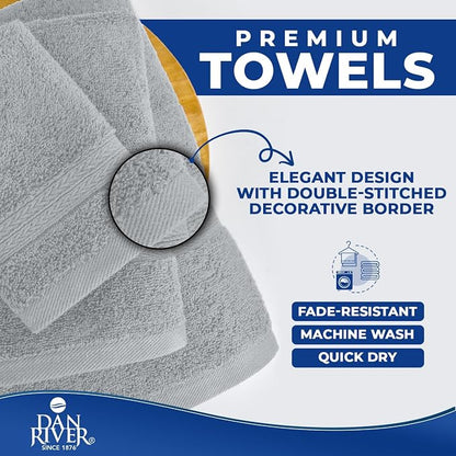 DAN RIVER 8 Piece Luxury Bath Towels for Bathroom, Towel Set, Silver | 2 Bath towels, 2 Hand towels, and 4 Wash Cloths, 600 GSM 100% Ring Spun Cotton, Highly Absorbent, Gym, Hotel, guest, and Spa