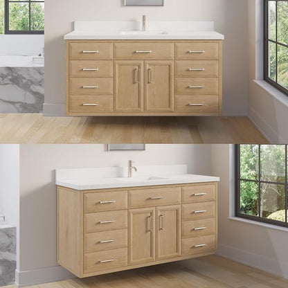 Capri III 60" Single Sink Bathroom Vanity With Stealth Organizer, Solid Wood Bathroom Cabinet with Engineered Stone Countertop & Backspalsh, Soft Closing Door & Drawer, Pre-Assembled, Weathered Oak
