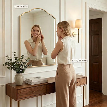 Besdomus Bathroom Mirrors for Over Sink: 24"x36" Gold Wooden Arched Mirror | Modern Minimalist Scalloped Decorative Wall for Vanity/Dresser/Mantel/Bedroom/Entryway/Hallway/Fireplace/Nightstand