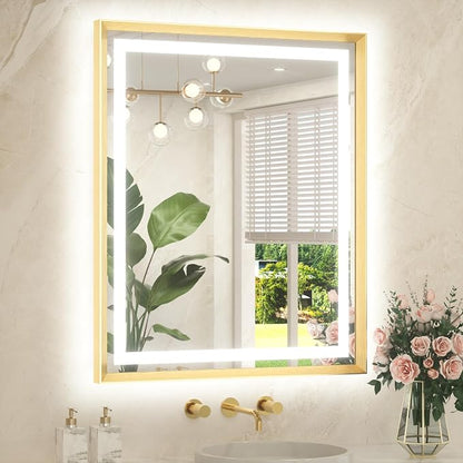 Led Bathroom Mirror 30 x 36 with Brushed Gold Frame Anti-Fog Frontlit & Backlit Vanity Mirror Stepless Dimmable Lighted Mirrors for Bathroom Wall 3 Colors White/Warm/Natural Wall-Mounted