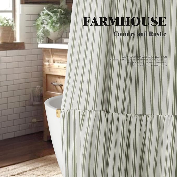 Farmhouse Shower Curtain Ruffle Linen White-Green Stripe 72"W x 72"L | Farmhouse Boho, Striped, Bottom Ruffle, Cotton Fabric, Rustic, Country, Natural Look, Washable, for Bathroom Bathtub
