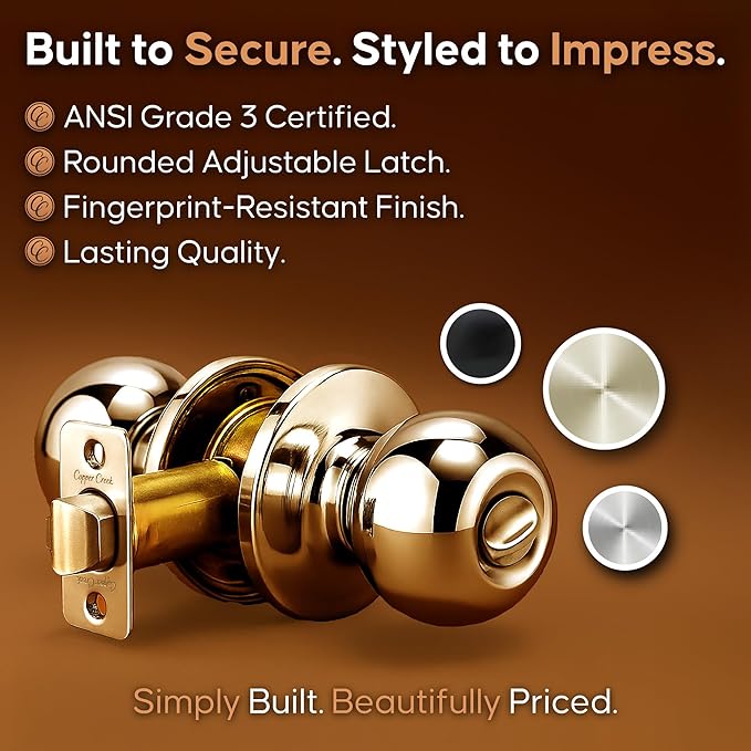 Copper Creek Privacy Interior Door Knob – ANSI Grade-3 Certified, Modern Heavy Duty Handle, Easy Install and Reversible for Bedroom, Bathroom & Closets – Polished Brass (1 Pack)