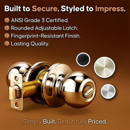 Copper Creek Privacy Interior Door Knob – ANSI Grade-3 Certified, Modern Heavy Duty Handle, Easy Install and Reversible for Bedroom, Bathroom & Closets – Polished Brass (1 Pack)