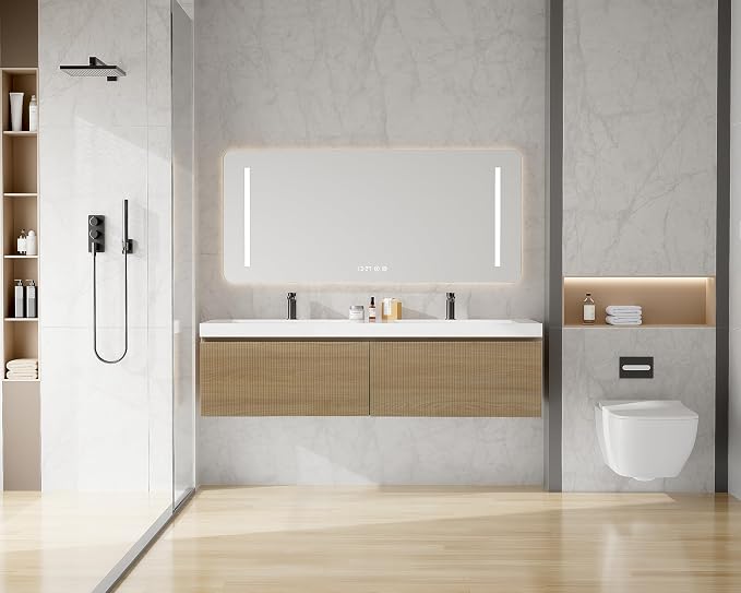 60 Inch Floating Bathroom Vanity with Double Sink, Modern Oak Wall Mounted Floating Vanity with Glossy Resin Sink and 2 Soft Closing Drawers, Fully Pre Assembled Bathroom Vanity, Natural Oak