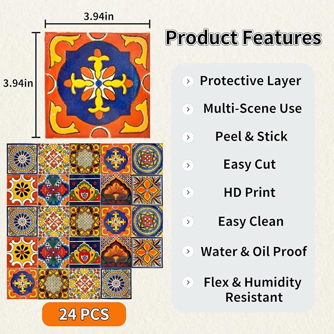 24 PCS Peel and Stick PVC Tile Stickers Waterproof Removable | for Kitchen Bathroom Backsplash, Waterproof Self-Adhesive Removable Decals, Easy DIY Decor, Smooth Surfaces, 3.94x3.94in