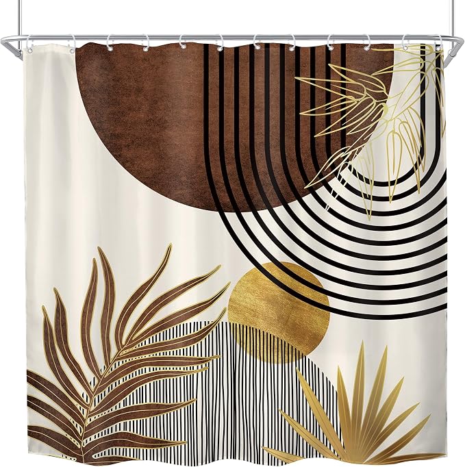 Mid Century Brown Boho Abstract Modern Gold Bathroom Shower Curtain Set | 72Wx72H Arch Sun design, waterproof HD print with fast-drying fabric and 12 hooks.