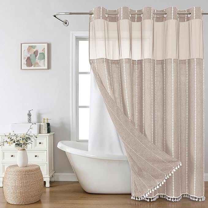 eachope No Hook Long Shower Curtain Set with Snap-in Fabric Liner,Linen Textured Thick Striped Fabric with Tassels,Boho Farmhouse Rustic Luxury Bathroom Curtain,Water-Repellent,Tan/Taupe,71x80 | 330GSM Thick Linen Textured Striped,Boho Farmhouse Rustic...