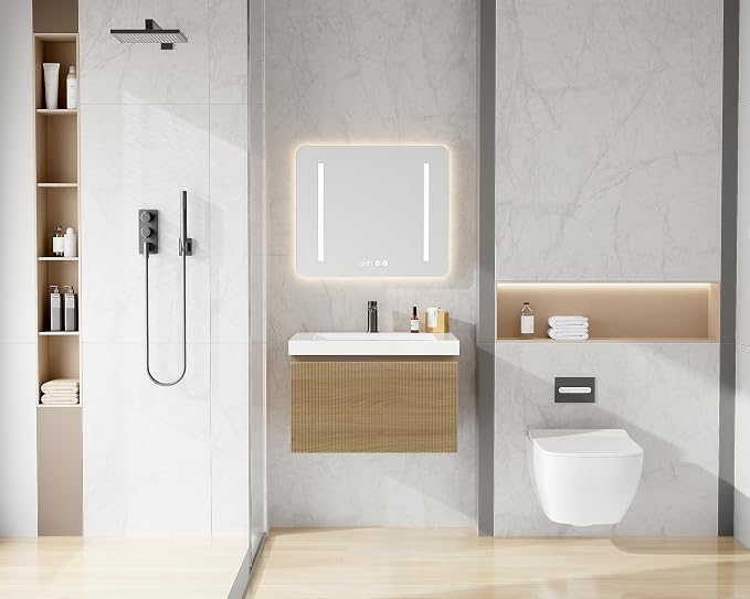24 Inch Floating Bathroom Vanity with Sink, Modern Oak Wall Mounted Floating Vanity with Glossy Resin Sink, Soft Closing Drawer, Fully Pre Assembled Bathroom Vanity, Natural Oak
