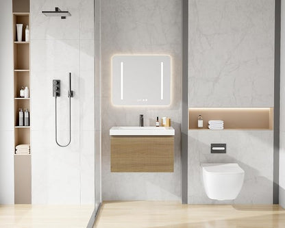 24 Inch Floating Bathroom Vanity with Sink, Modern Oak Wall Mounted Floating Vanity with Glossy Resin Sink, Soft Closing Drawer, Fully Pre Assembled Bathroom Vanity, Natural Oak