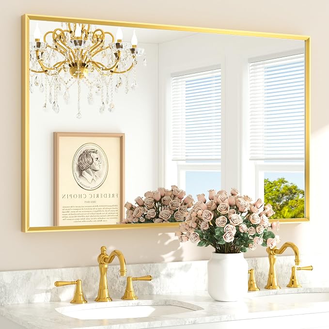 Brushed Brass Frame Mirror for Bathroom Wall 48" x 30" Brushed Gold Beveled Rectangle Bathroom Vanity Mirror for Over Sink, Bedroom, Entryway, Living Room, Tempered Glass, Stronger Frame