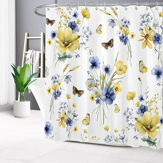HVEST Farmhouse Floral Shower Curtain with Hooks, Blue and Yellow Flower and Butterfly on White Shower Curtain for Bathroom, Rustic Wildflower Bathroom Curtains Shower Set, 72X78 inch