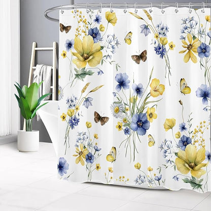 HVEST Floral Blue and Yellow Shower Curtain with Hooks, Spring Flower and Butterfly on White Shower Curtains for Bathroom Decor Rustic Wildflower Nature Plant Shower Curtain Set, 72L X 72W inches