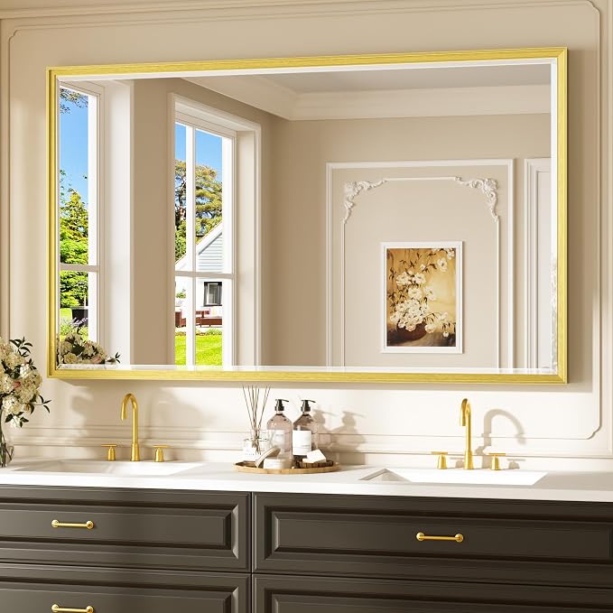 Keonjinn 60" x 36" Gold Bathroom Mirrors, Secure French Cleat Installation | Tempered Glass with Beveled Edge, Aluminum Alloy Frame, Anti-Rust, Large, Brushed Gold Bathroom Vanity Mirror for Wall