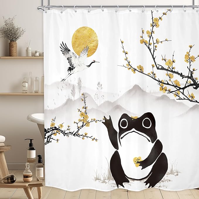 LGhtyro Funny Frog Shower Curtain Bathroom Set 71Wx71H Inches Asian Style Traditional Landscape Scenery Japanese Golden Plum Blossom Sun Bath Accessories Mountain Art Home Decor Fabric 12 Pack Hooks