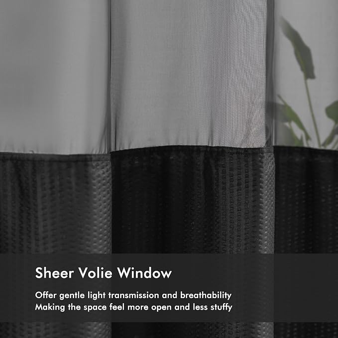No Hook Black Shower Curtain with Snap-in Fabric Liner 71x74 | Embossed Waffle-Look Textured, Sheer Window, Soft & Lightweight, Water Repellent Fabric Shower Curtain for Bathroom