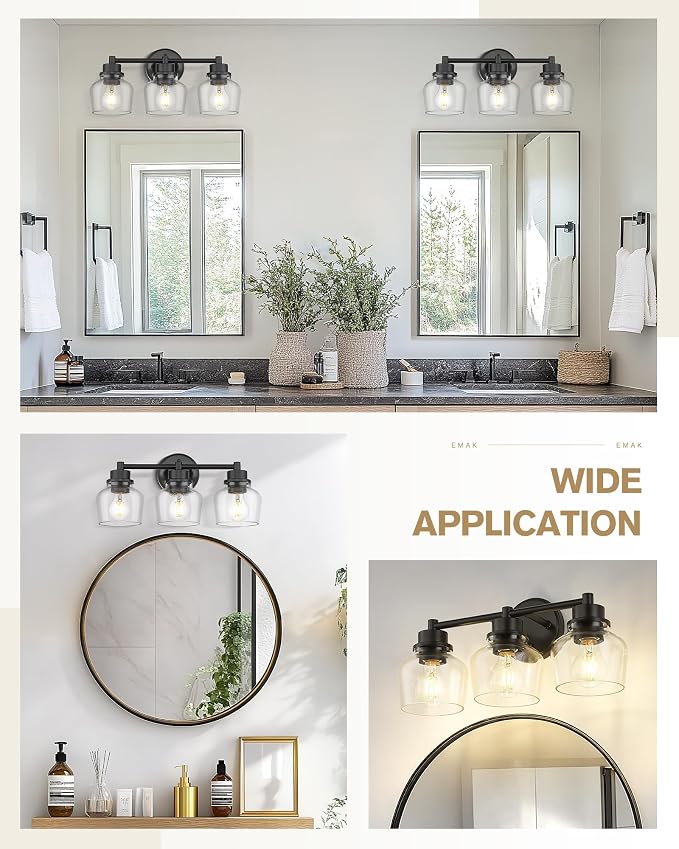 Emak 3-Light Bathroom Vanity Lights Over Mirror, Modern Bathroom Light Fixtures with Clear Glass Shade, Black Vanity Light for Bath, Makeup Desk, Mirror, VL122-BK-CG-3