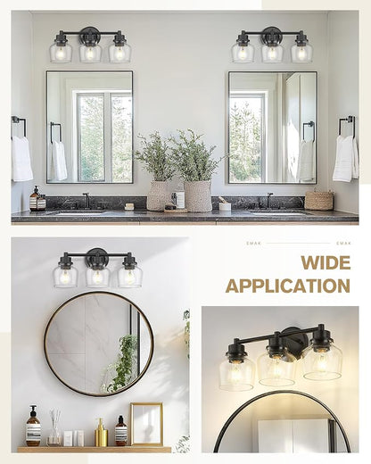 Emak 3-Light Bathroom Vanity Lights Over Mirror, Modern Bathroom Light Fixtures with Clear Glass Shade, Black Vanity Light for Bath, Makeup Desk, Mirror, VL122-BK-CG-3
