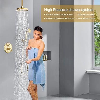 DASAN Rain Shower System Complete Antique Shower Faucet Sets, Shower Fixtures Combo with Pressure Balance Valve, Trim Kit, 9’’ Rainfall Overhead Shower & Handheld, Color Brushed Gold AT209C-BTG