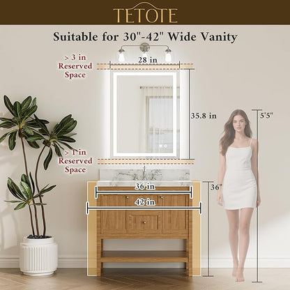 TETOTE LED Bathroom Mirror with Lights 28 x 36 Frontlit and Backlit Light up Mirror, Brighter Lighted Bathroom Mirror for Wall, 3-Color Anti Fog Mirror, Waterproof, Shatterproof Tempered Glass