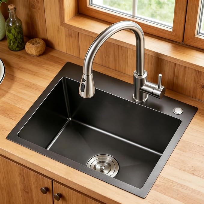 24x18x9 Inch Kitchen Sink, for Modern Kitchen/RV/Outdoor Sink | 304 Stainless Steel Single Bowl, 2-Hole Drop In Installation, R10 Tight Corner, Black