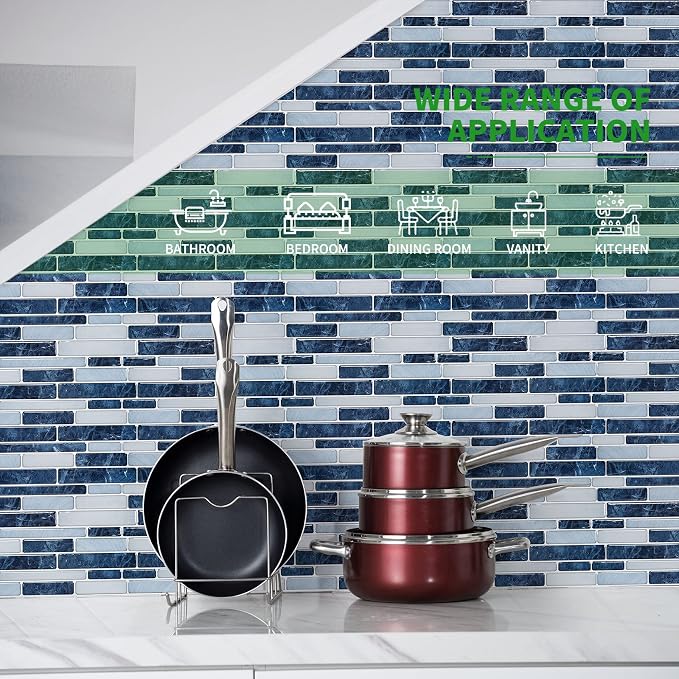 LONGKING Self-Adhesive Kitchen Backsplash, Marble Look Decorative Tiles (10 Tiles) (Dark Blue) | Peel and stick backsplash, self-adhesive wall tile, Dark Blue, marble, waterproof, kitchen bathroom wall, 10 tiles