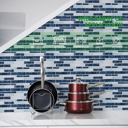 LONGKING Self-Adhesive Kitchen Backsplash, Marble Look Decorative Tiles (10 Tiles) (Dark Blue) | Peel and stick backsplash, self-adhesive wall tile, Dark Blue, marble, waterproof, kitchen bathroom wall, 10 tiles