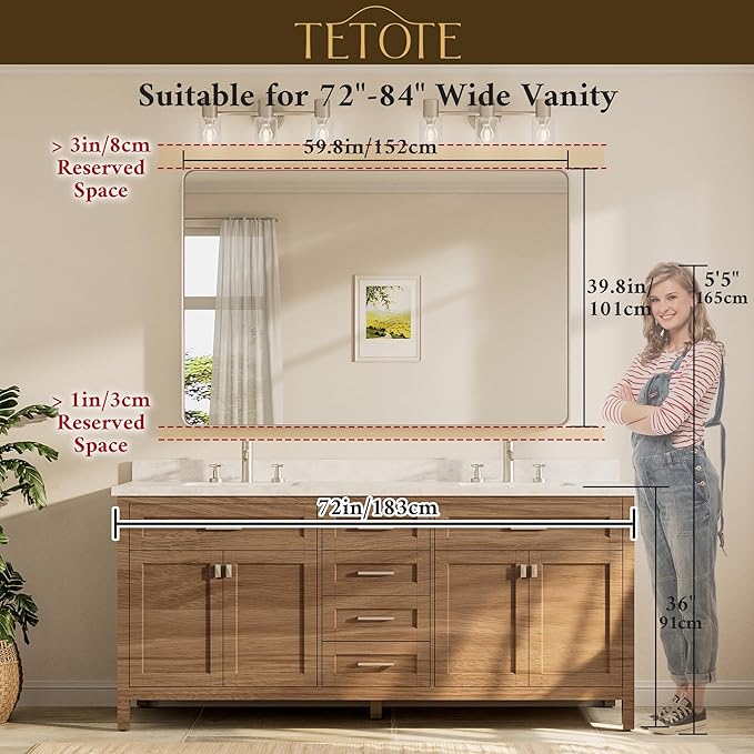 TETOTE 60 x 40 Inch Brushed Nickel Mirror for Bathroom Over Sink Metal Framed Mirror Modern Farmhouse for Living Room Entryway(Horizontal/Vertical)