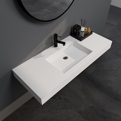SJ Star&Jane 48" x 19" in Solid Surface Bathroom Sink, Wall-Mount or Countertop Vessel Sink, Rectangle Floating Vanity Sink, Pre-installed Faucet Holes, Durable Modern Design